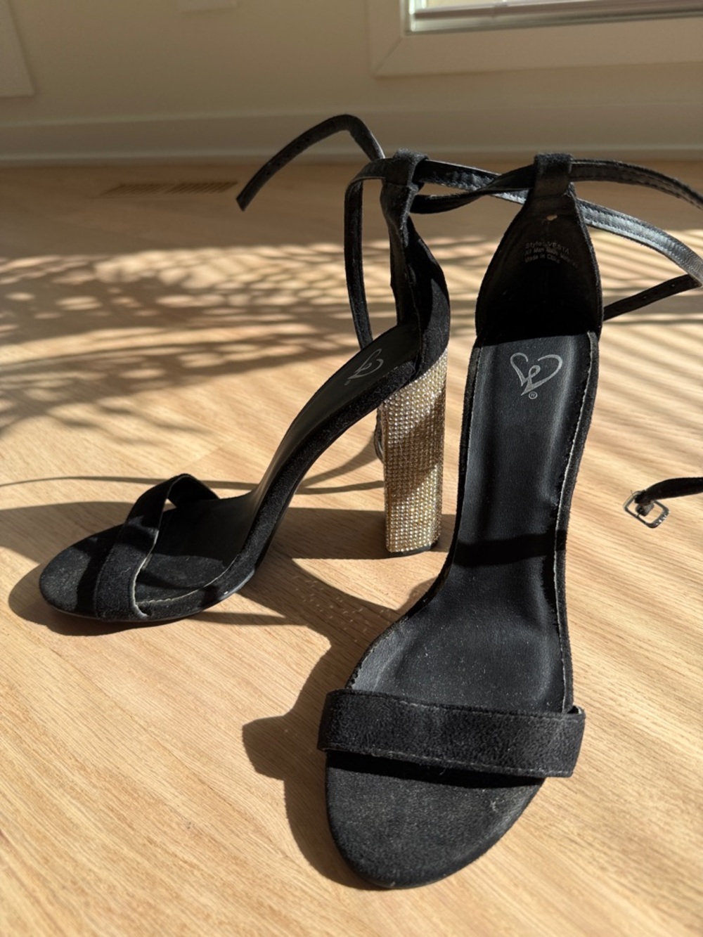 Women's Black Ankle-Tie Heeled Sandals with Crystal Block Heel